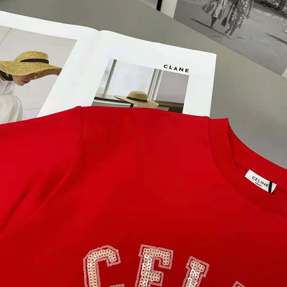 Celine Cropped Celine T-shirt in Cotton Fleece for Women in Red Celine Cropped Celine T-shirt in Cotton Fleece for Women in Red
