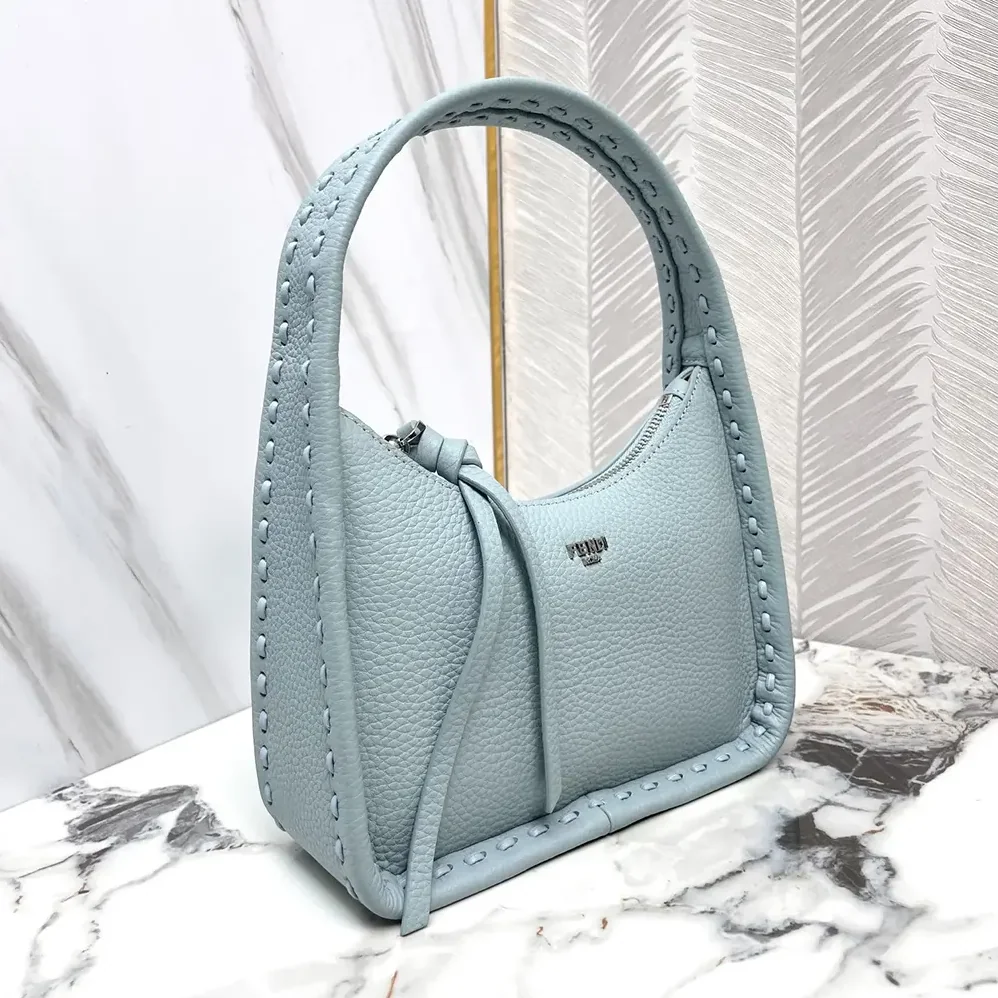 Fendi Mini Fendessence Small Light Blue Selleria Bag with 264 Hand for Women in sewn Topstitches