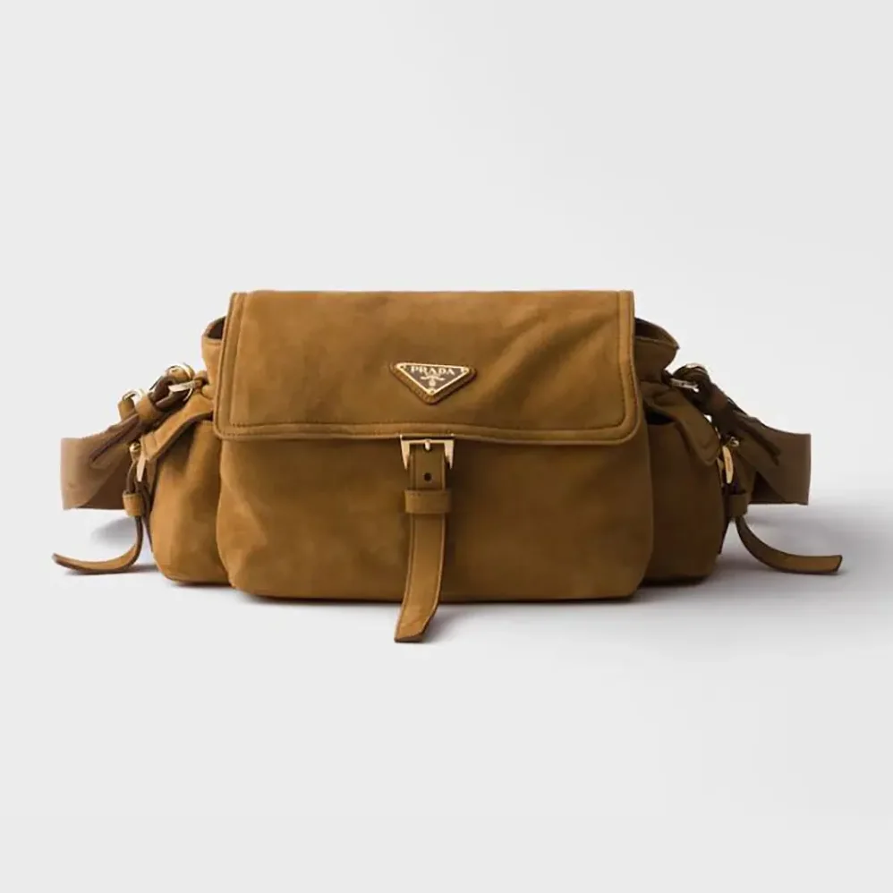 Prada Explore Medium Suede Shoulder Bag With Flap for Women in Brown