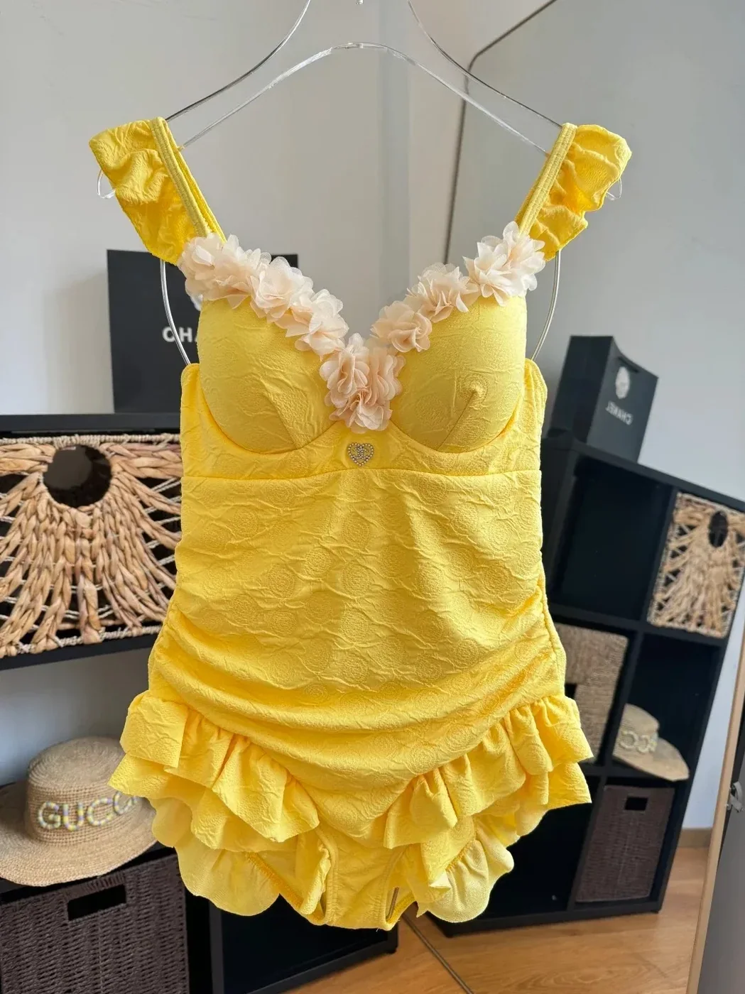 Chanel Vintage Floral Ruffled One in Piece Swimsuit Yellow