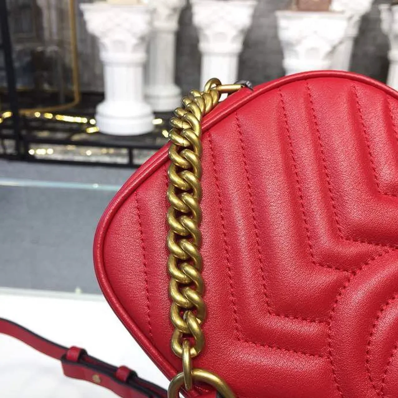 Gucci GG Marmont Small Matelassé Shoulder Bag Hibiscus Red Matelassé Chevron / Gucci GG Marmont Small Matelassé Shoulder Bag Hibiscus Red Matelassé Chevron /