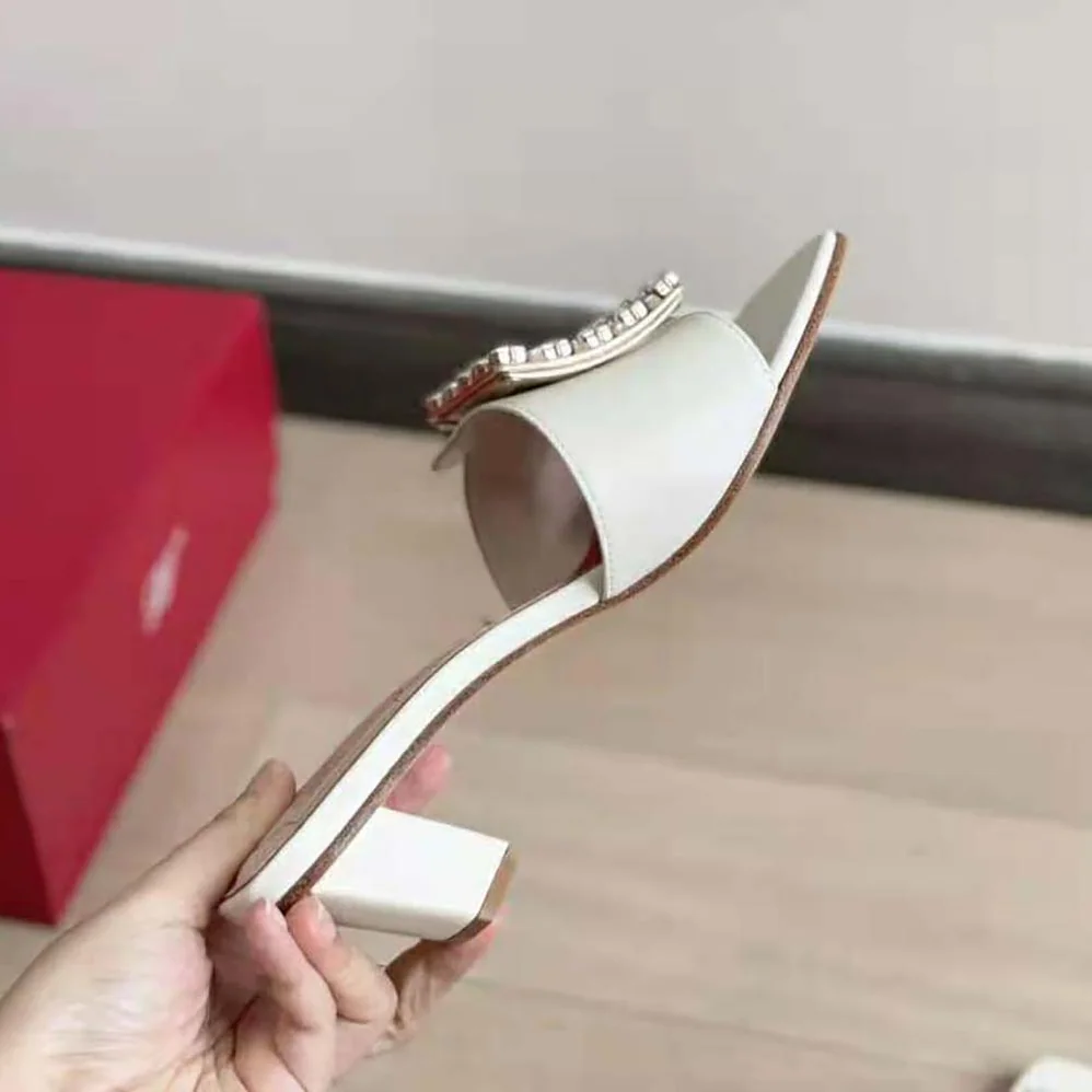 Roger Vivier Biki Love Strass Buckle Mules in Leather for Women in White Roger Vivier Biki Love Strass Buckle Mules in Leather for Women in White