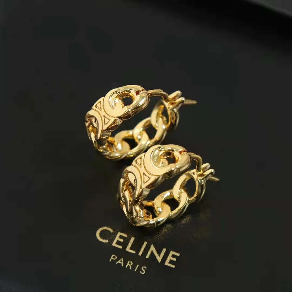 Celine Triomphe Small Gourmette Hoops in Brass with Gold Finish for Women Celine Triomphe Small Gourmette Hoops in Brass with Gold Finish for Women