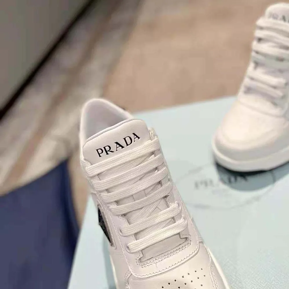 Prada Downtown High-Heeled Leather Sneakers for Women in White Prada Downtown High-Heeled Leather Sneakers for Women in White