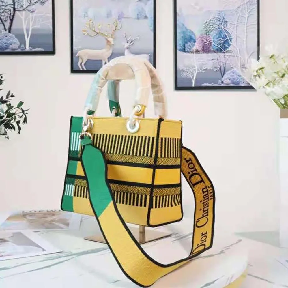 Dior Medium Lady D-lite Bag Bright Yellow and Green D for Women in Flower Pop Embroidery Dior Medium Lady D-lite Bag Bright Yellow and Green D for Women in Flower Pop Embroidery
