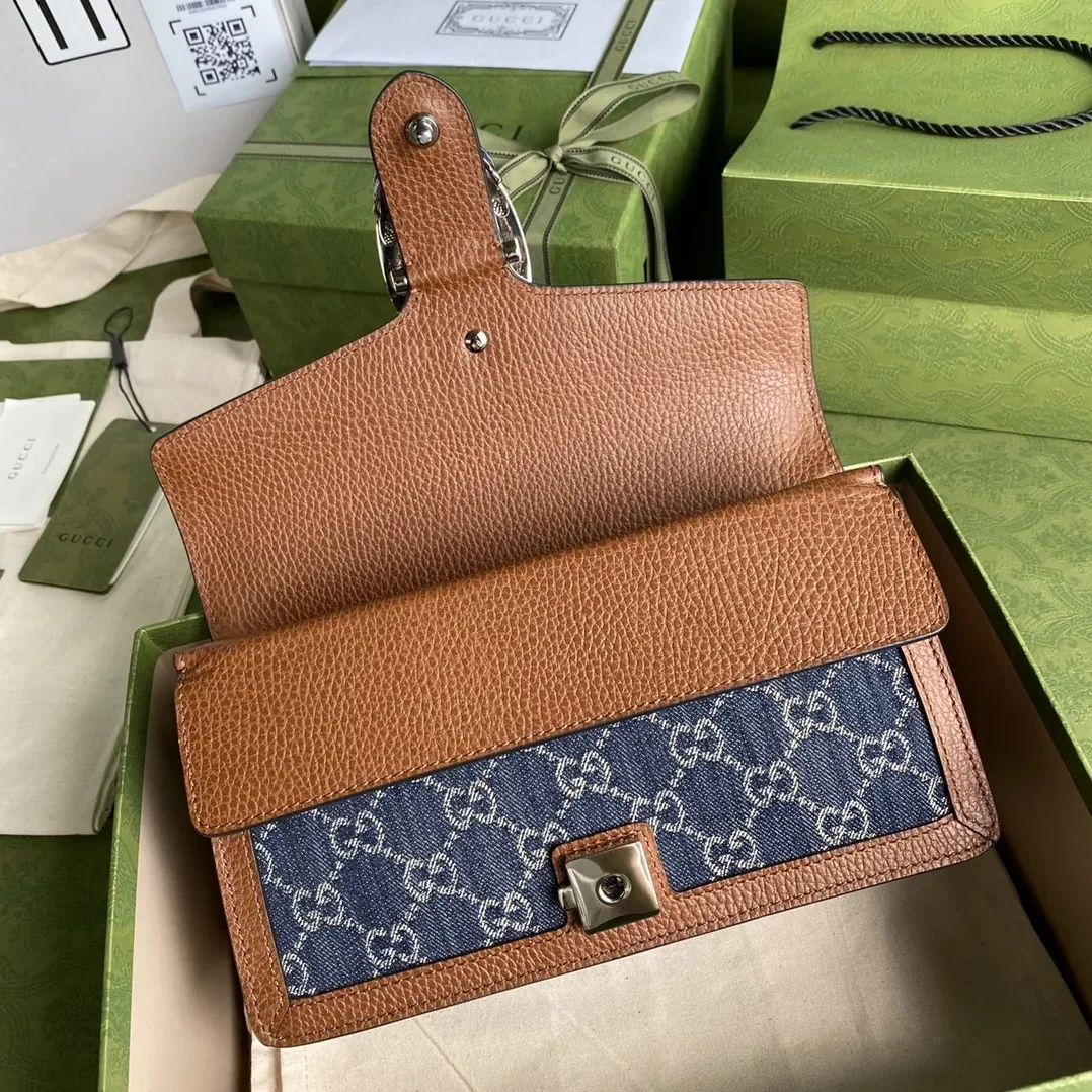 Gucci Dionysus Small Shoulder Bag / Dark Blue/ Ivory Eco Washed Organic GG Jacquard Denim Antique Silver Hardware Gucci Dionysus Small Shoulder Bag / Dark Blue/ Ivory Eco Washed Organic GG Jacquard Denim Antique Silver Hardware