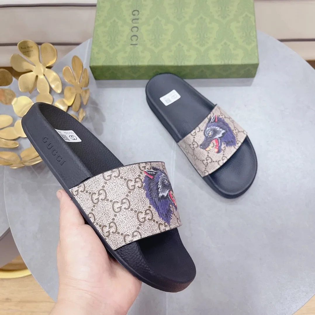 Gucci Gucci Supreme Slides With Wolf Black And Gray for Women Gucci Gucci Supreme Slides With Wolf Black And Gray for Women