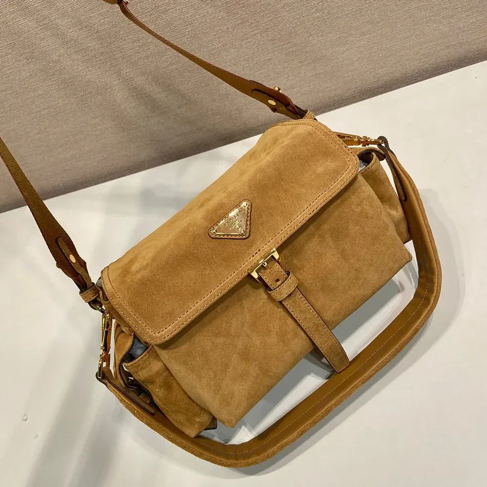 Prada Explore Medium Suede Shoulder Bag With Flap for Women in Brown