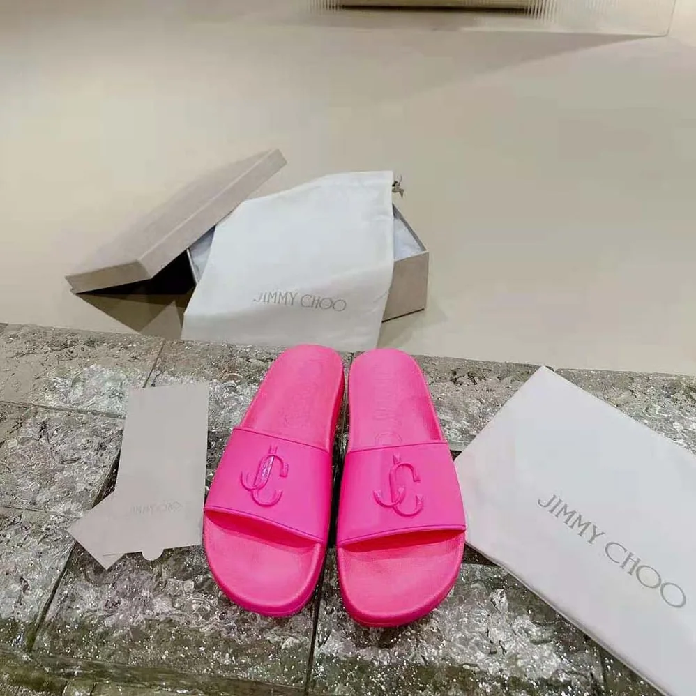 Jimmy Choo Port/F Neon Pink Rubber Slides with JC Monogram for Women Jimmy Choo Port/F Neon Pink Rubber Slides with JC Monogram for Women