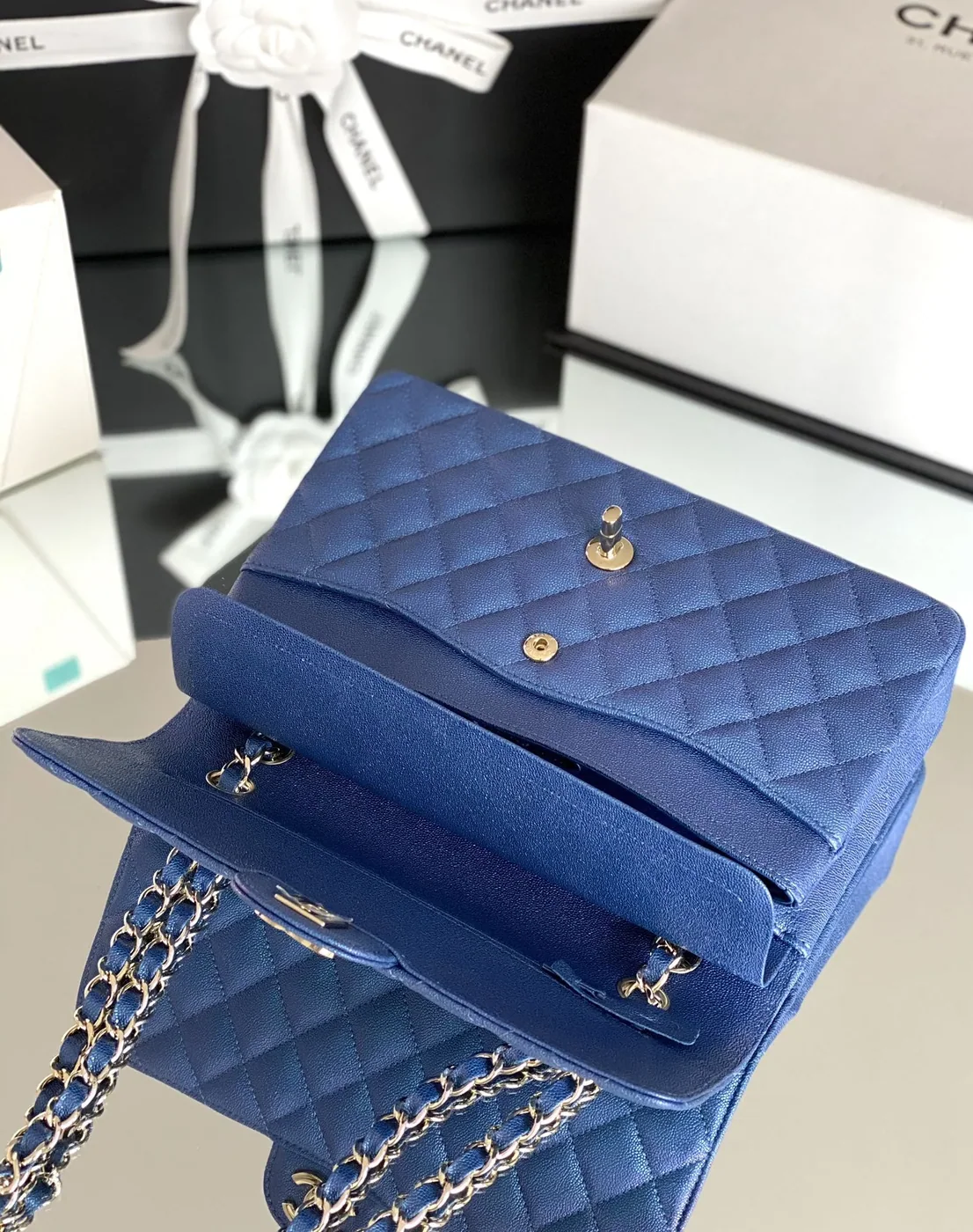 Chanel Classic Flap Bag Medium Crossbody in Blue Gold Hardware Chanel Classic Flap Bag Medium Crossbody in Blue Gold Hardware