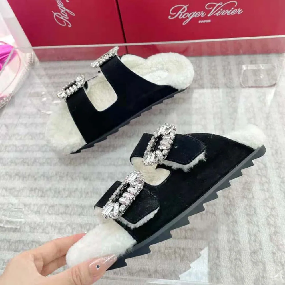 Roger Vivier Slidy Viv' Fur Strass Buckle Mules in Suede for Women in Black Roger Vivier Slidy Viv' Fur Strass Buckle Mules in Suede for Women in Black