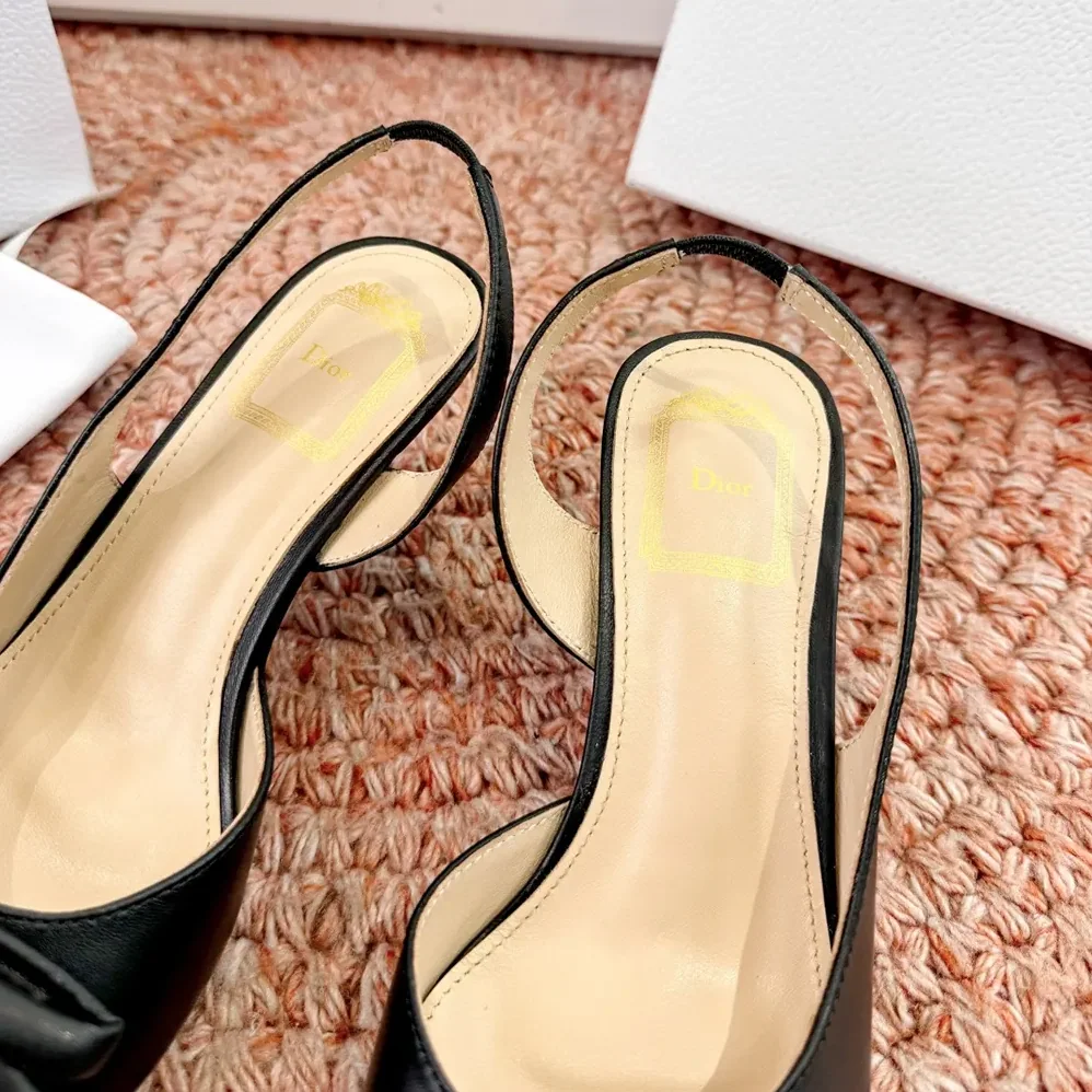 Dior Bow Heeled Slingback Sandal Black Lambskin for Women
