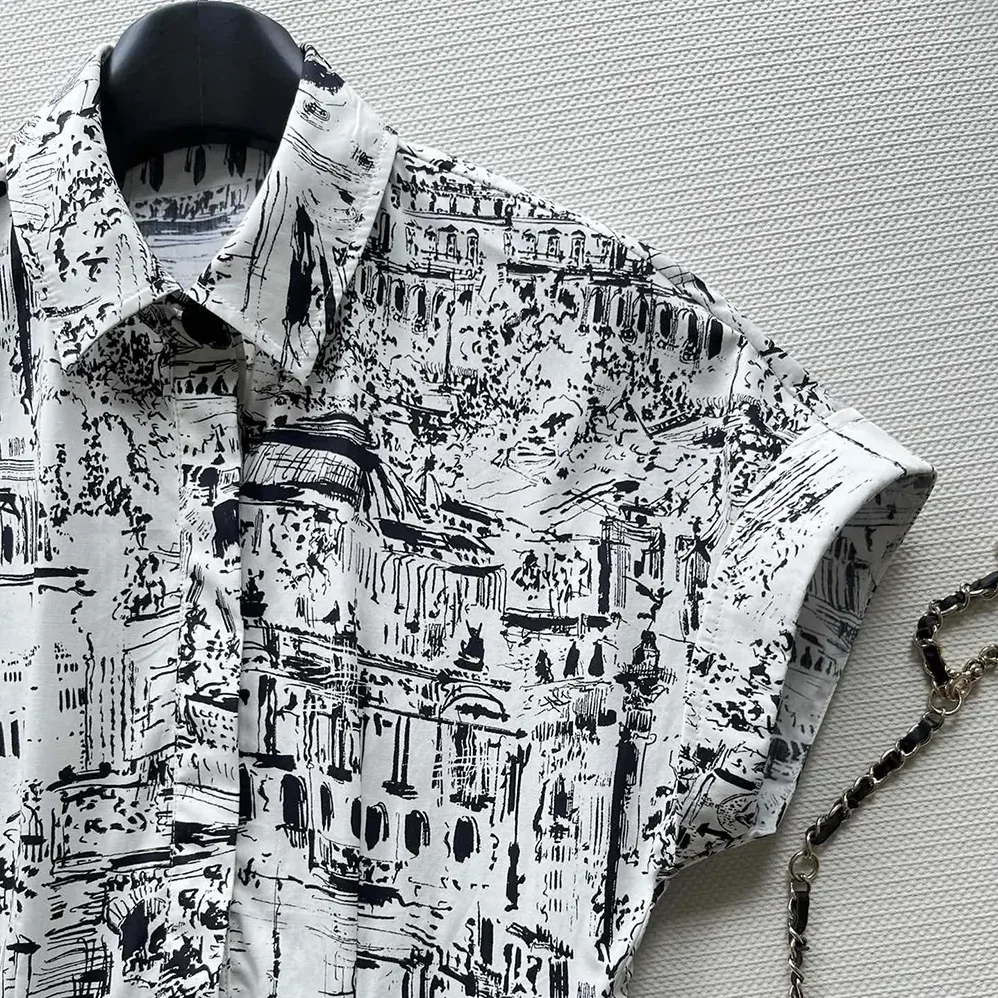 Dior Mid-Length Shirt Dress White and Black Cotton and Silk Poplin with Paris Allover Motif for Women Dior Mid-Length Shirt Dress White and Black Cotton and Silk Poplin with Paris Allover Motif for Women