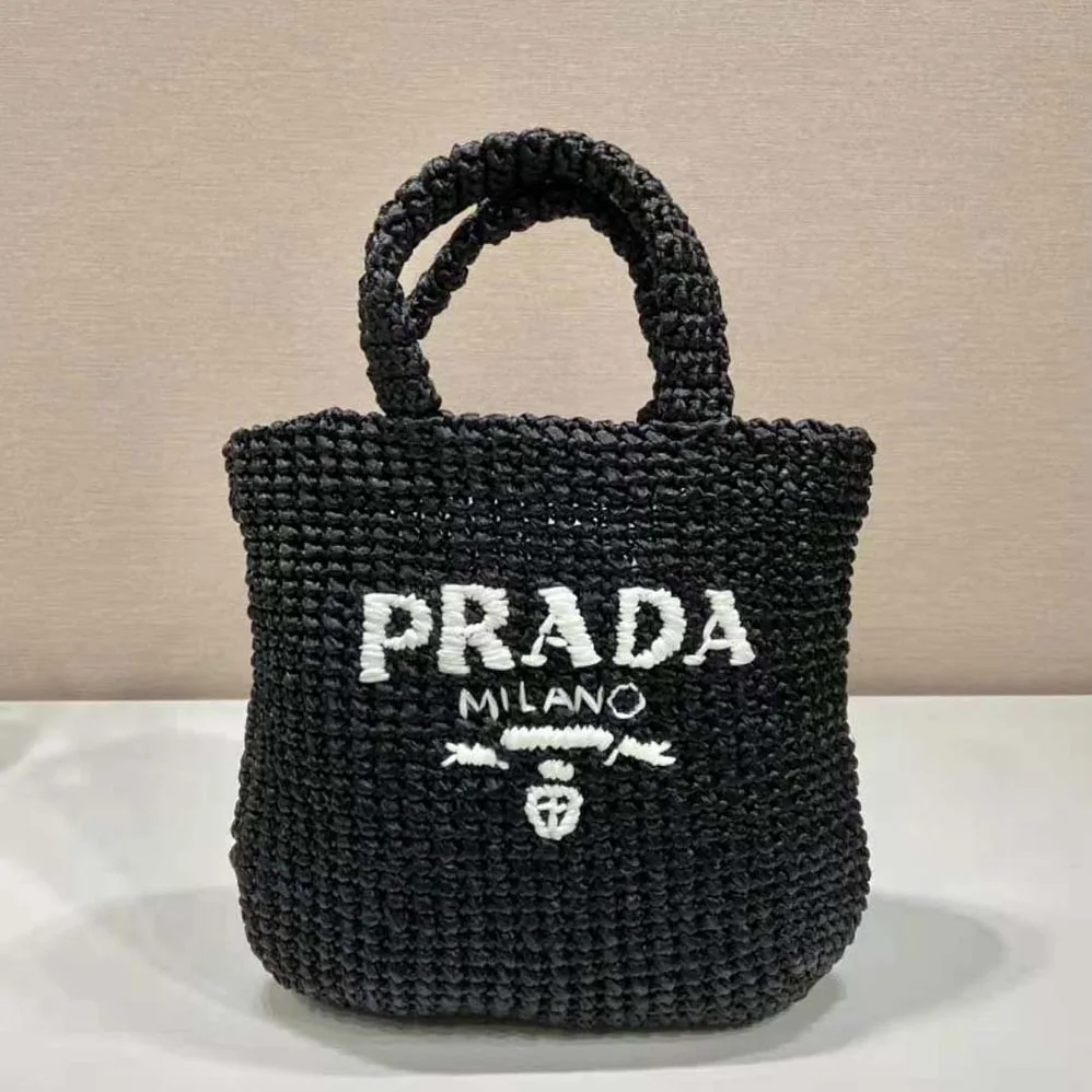 Prada Small Raffia Tote Bag for Women in Black Prada Small Raffia Tote Bag for Women in Black