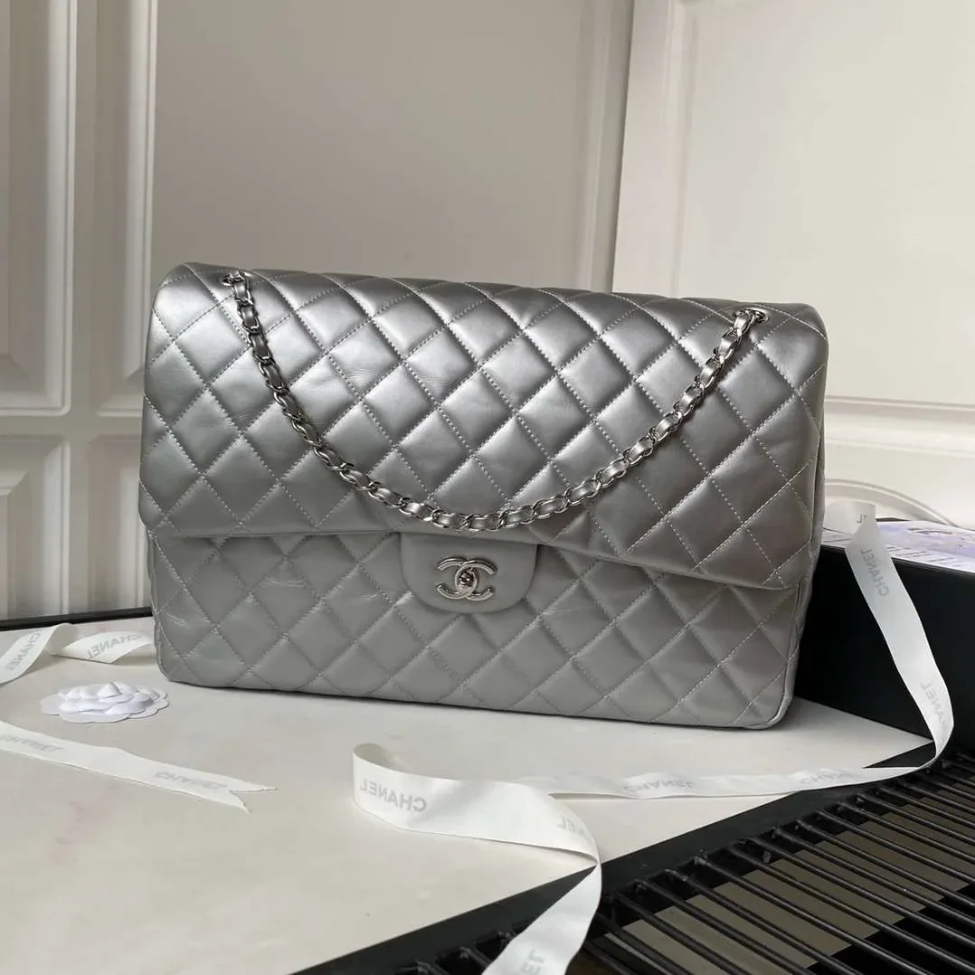 Chanel Classic Maxi Jumbo XL Crossbody Bag in Grey Silver Hardware