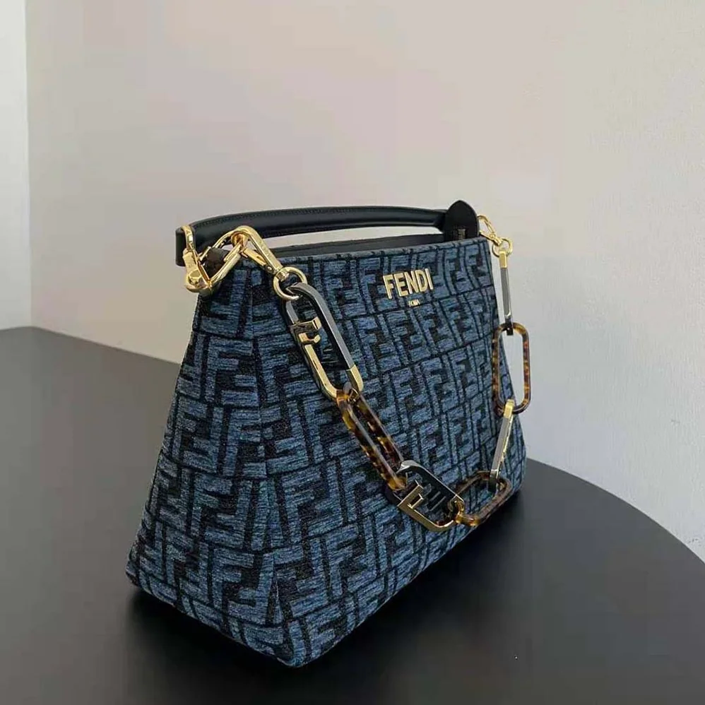 Fendi Fendi O'Lock Zipper Dark Blue Tapestry Fabric Bag for Women Fendi Fendi O'Lock Zipper Dark Blue Tapestry Fabric Bag for Women