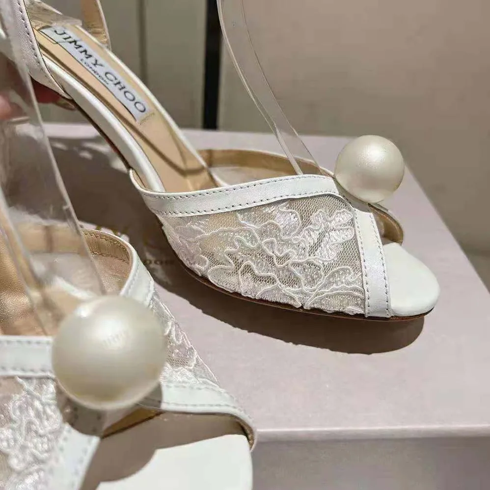 Jimmy Choo Sacora 85 Ivory Floral Lace Sandals with Pearl Detail for Women