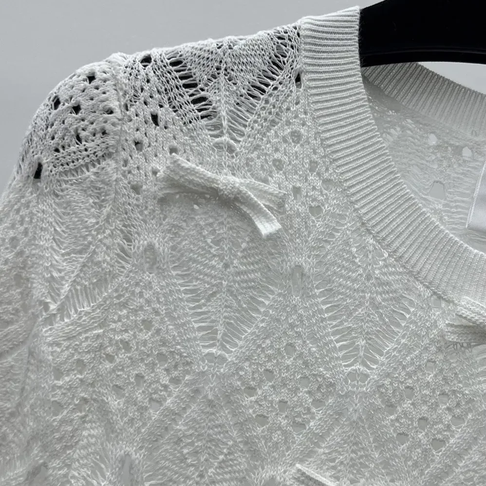 Dior Dioriviera Embroidered Short-Sleeved Sweater Ecru Openwork Cotton Knit for Women Dior Dioriviera Embroidered Short-Sleeved Sweater Ecru Openwork Cotton Knit for Women