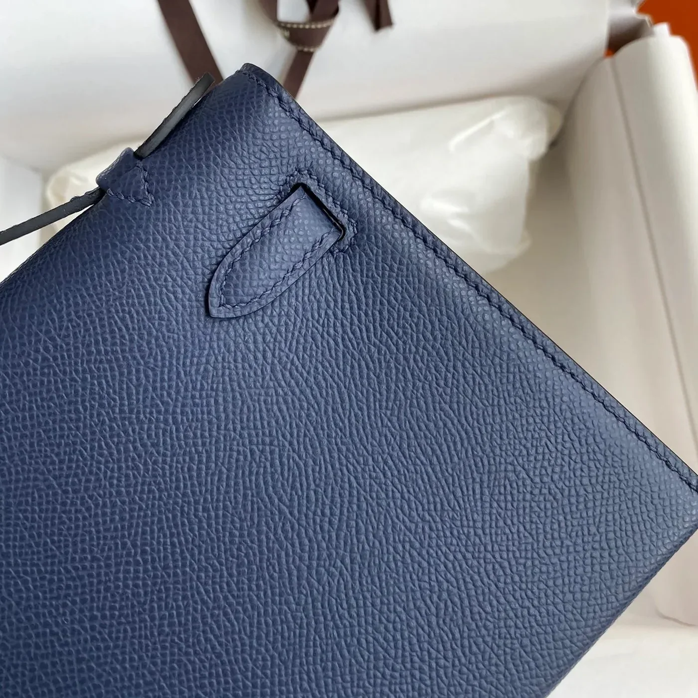 Hermes Kelly Pochette Top Handle Bag in Navy Epsom Palladium Hardware