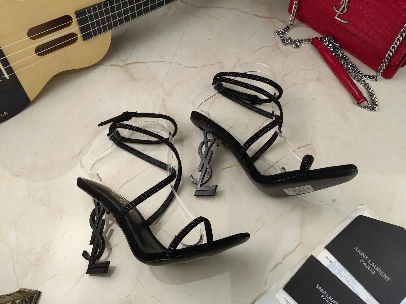 Saint Laurent Opyum Sandals In Crepe Satin And Rhinestones Black Saint Laurent Opyum Sandals In Crepe Satin And Rhinestones Black