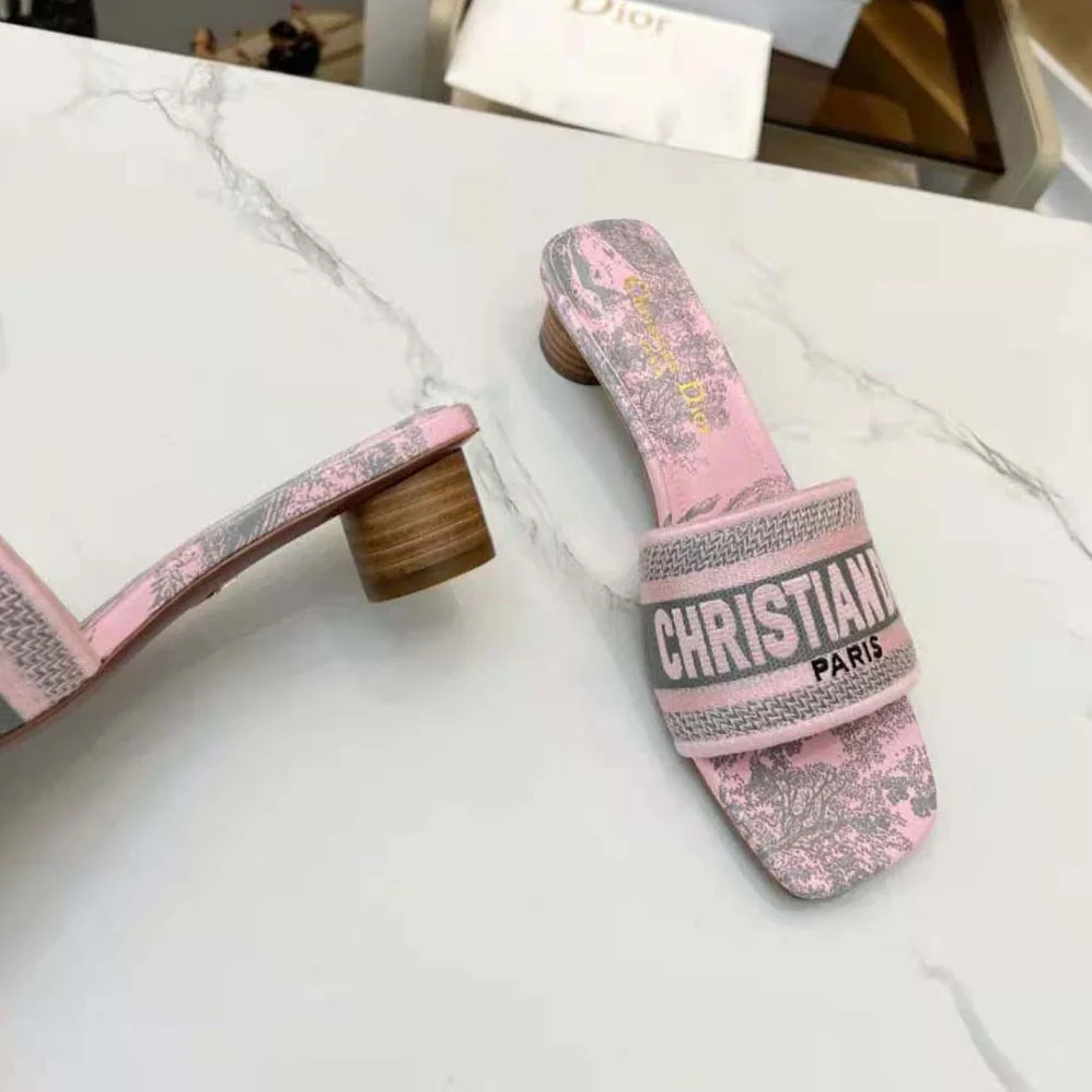 Dior Dway heeled Slide Gray and Pink Embroidered Cotton with Toile de Jouy Reverse Motif for Women