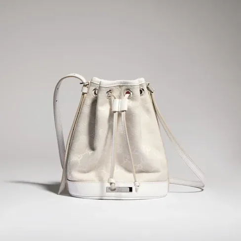 Gucci Bucket With Plaque Mini Shoulder Bag in Ivory Denim Palladium Hardware Gucci Bucket With Plaque Mini Shoulder Bag in Ivory Denim Palladium Hardware