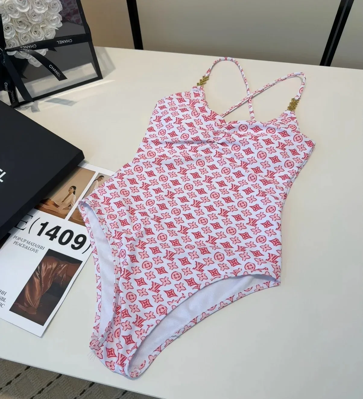 Louis Vuitton Chain Ruched One-Piece Swimsuit Pink/ Red Monogram