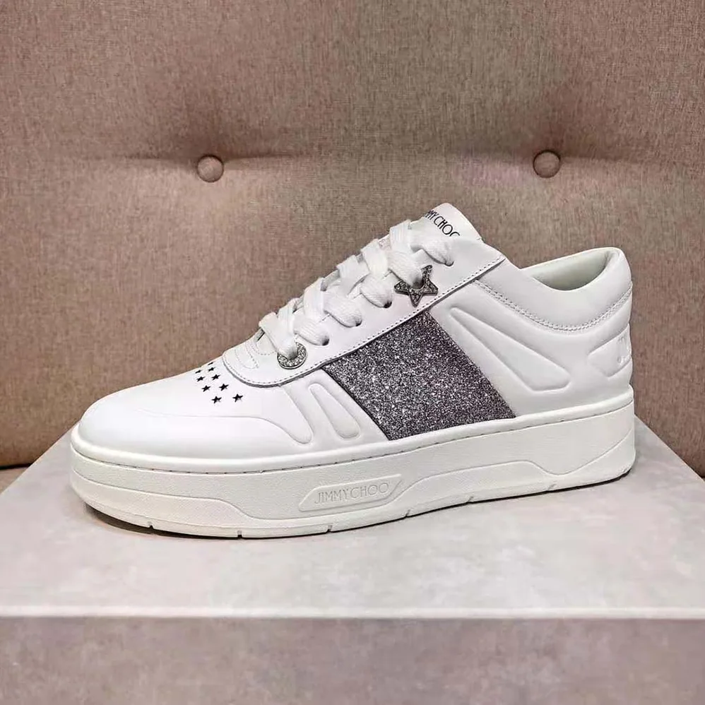 Jimmy Choo Hawaii/f White Calf Leather Lace-Up Trainers with Glitter Stripe for Women Jimmy Choo Hawaii/f White Calf Leather Lace-Up Trainers with Glitter Stripe for Women