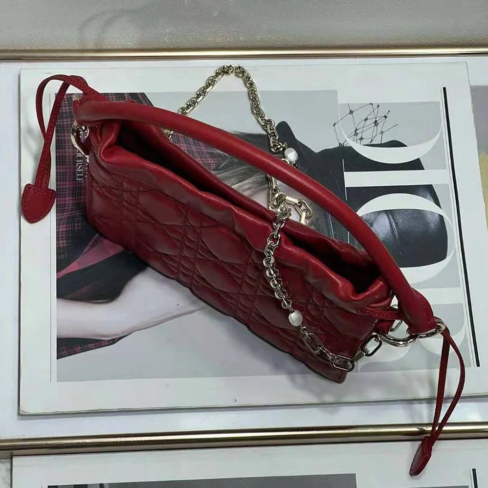Dior Lady Dior Top Handle Drawstring Mini Bag Scarlet Red Cannage Lambskin for Women Dior Lady Dior Top Handle Drawstring Mini Bag Scarlet Red Cannage Lambskin for Women
