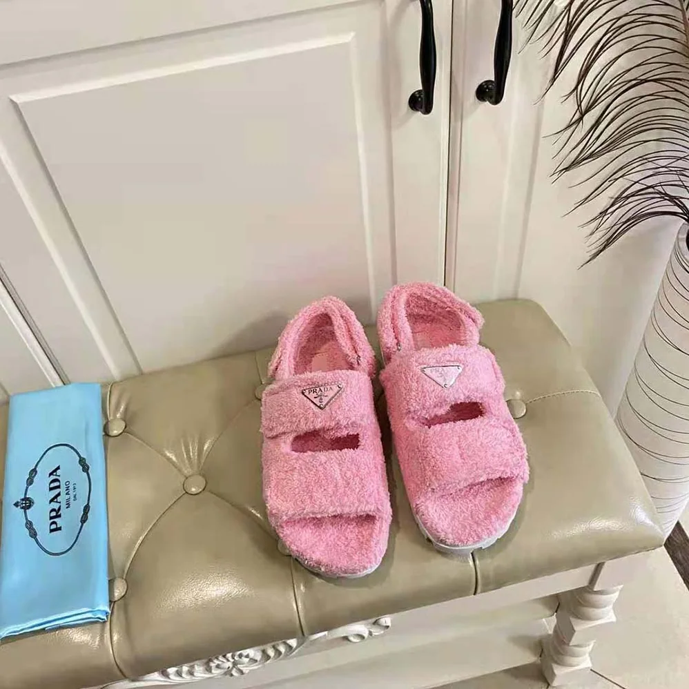 Prada Terrycloth Sandals with Enameled Metal Triangle Logo for Women in Pink