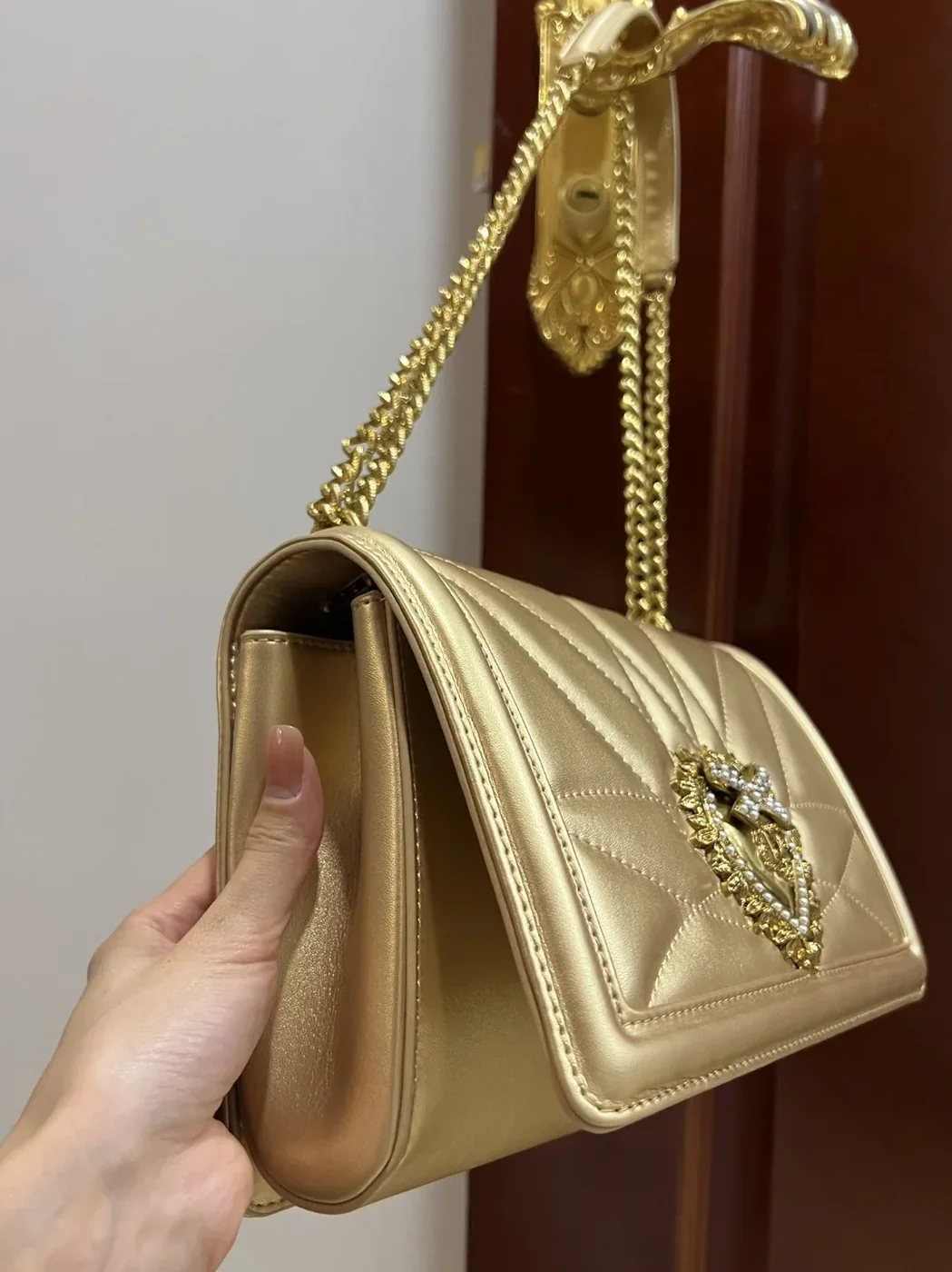 Dolce & Gabbana Large Devotion Bag In Quilted Nappa Gold / DG Dolce & Gabbana Large Devotion Bag In Quilted Nappa Gold / DG