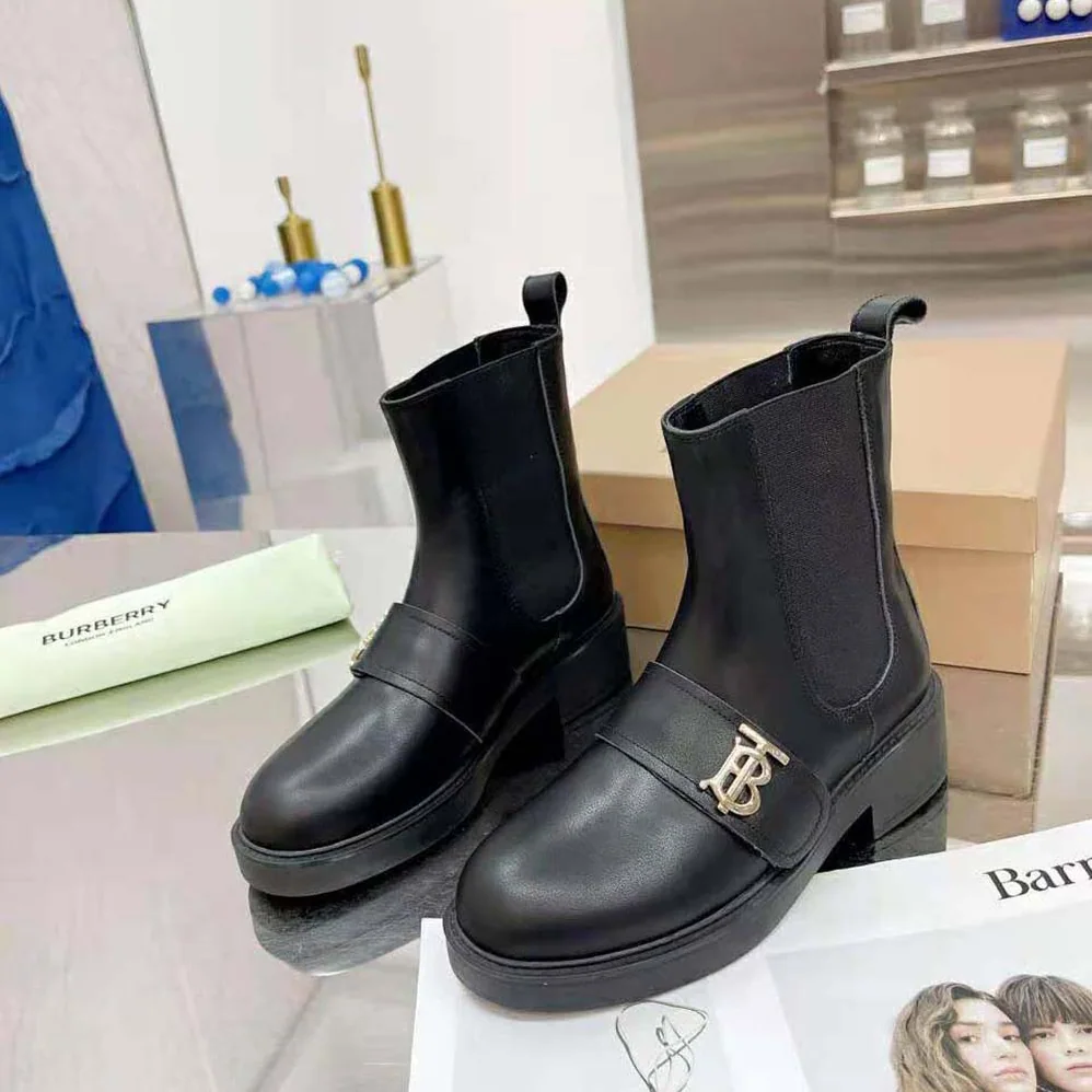 Burberry Monogram Motif Leather Chelsea Boots for Women in Black
