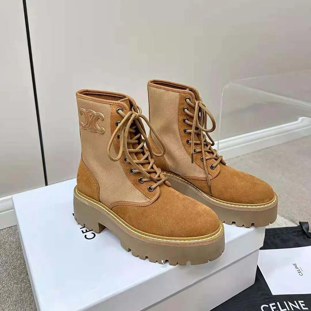 Celine Bulky Lace-up Boot with Triomphe in Nylon & Suede Calfskin for Women