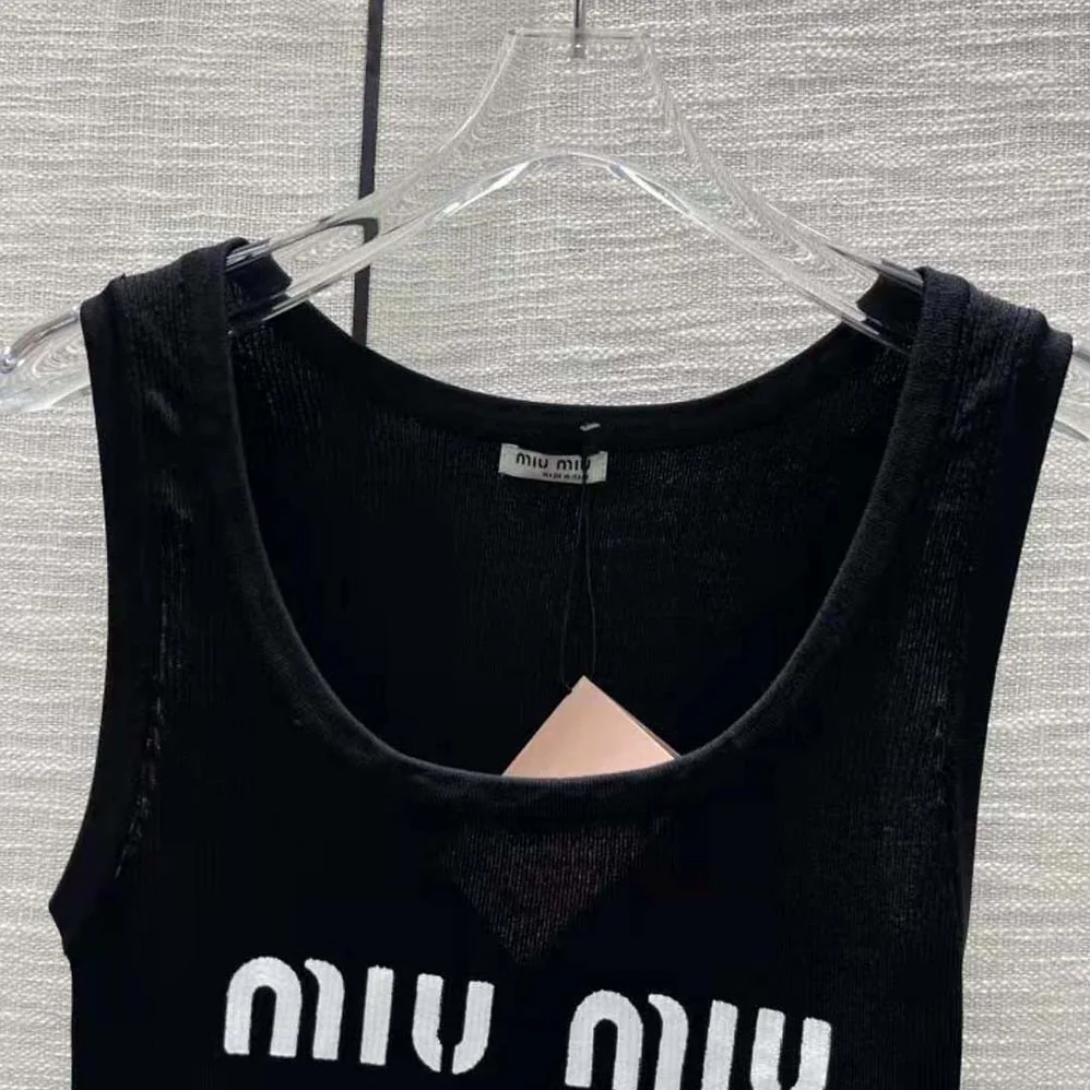 Miu Miu Viscose Top with Intarsia Logo for Women in Black