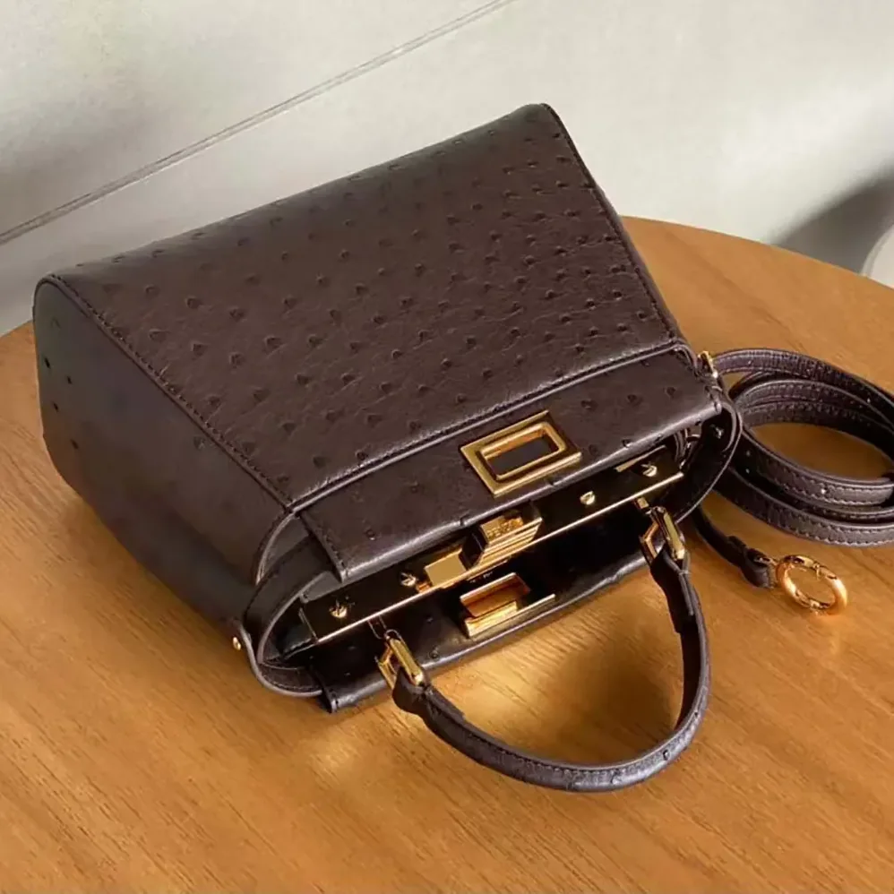 Fendi Peekaboo Iconic Mini Bordeaux Ostrich Leather Bag for Women Fendi Peekaboo Iconic Mini Bordeaux Ostrich Leather Bag for Women