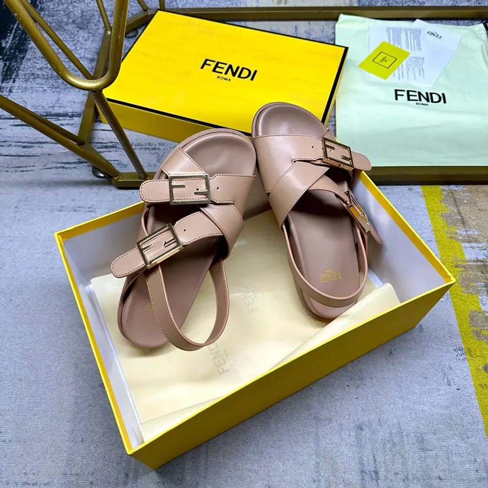 Fendi Feel Beige Leather Slides for Women