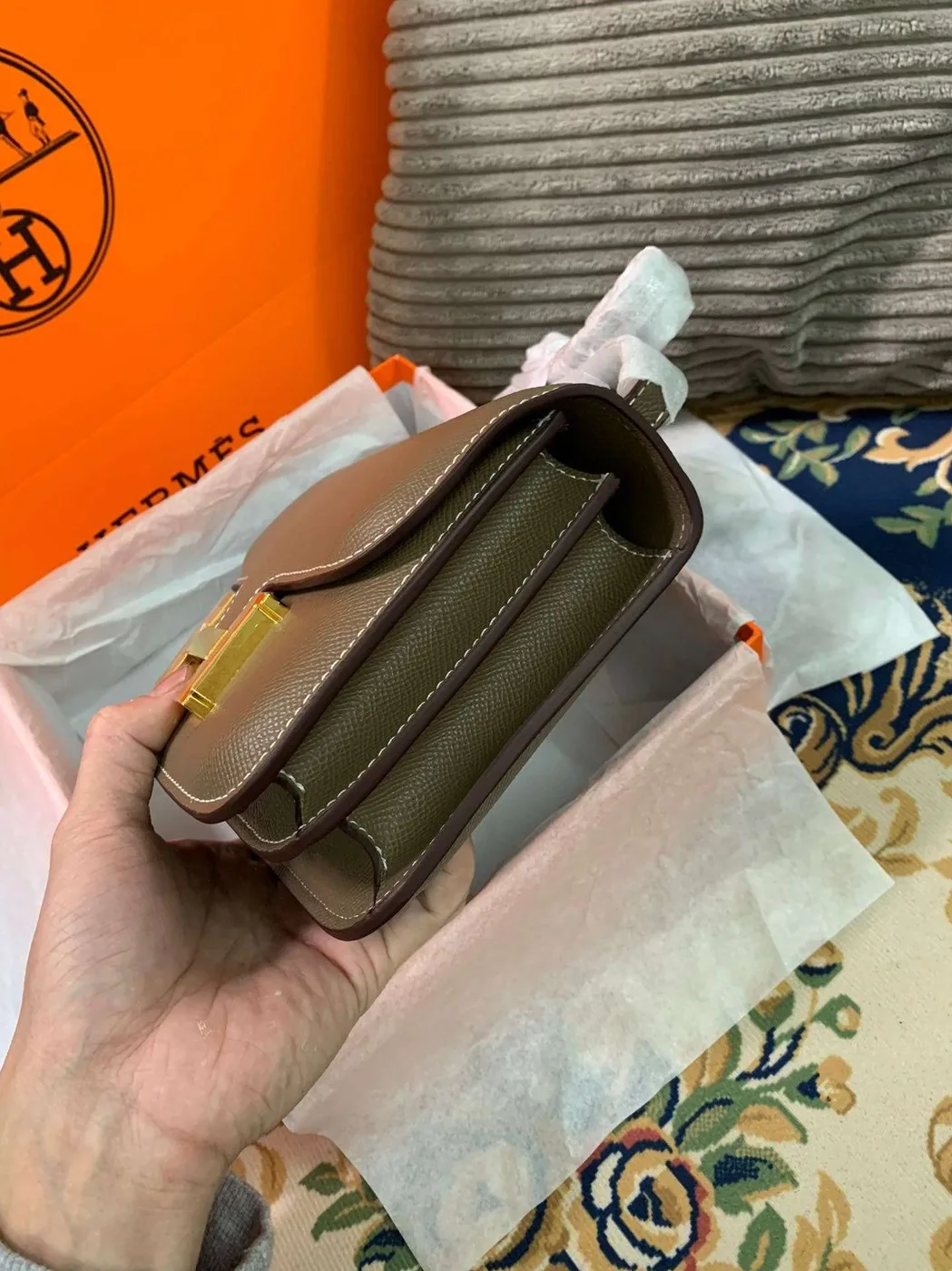 Hermes Constance 18 Crossbody Bag in Khaki Green Gold Hardware