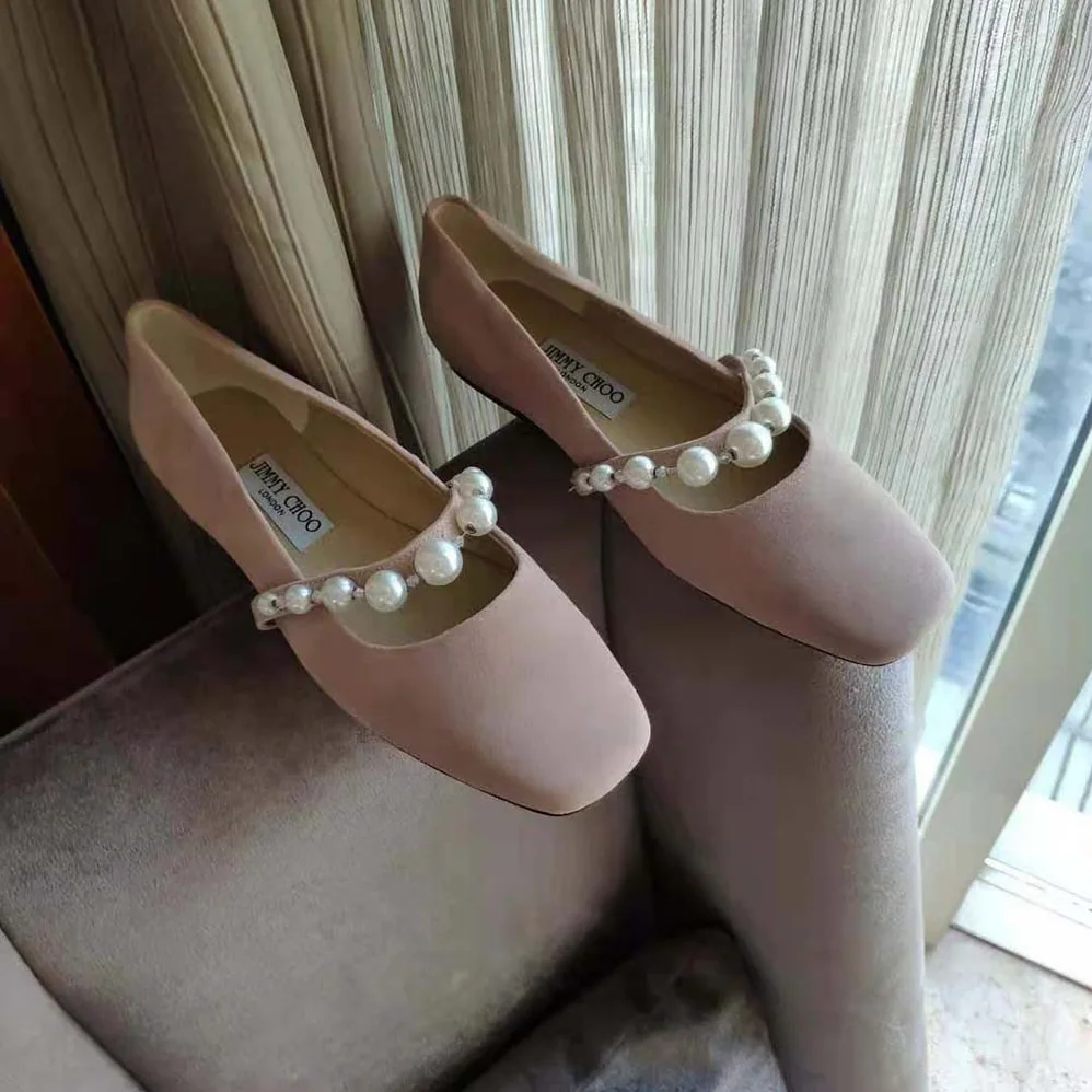 Jimmy Choo Ade Flat Ballet Pink Suede Flats with Pearl Embellishment for Women Jimmy Choo Ade Flat Ballet Pink Suede Flats with Pearl Embellishment for Women