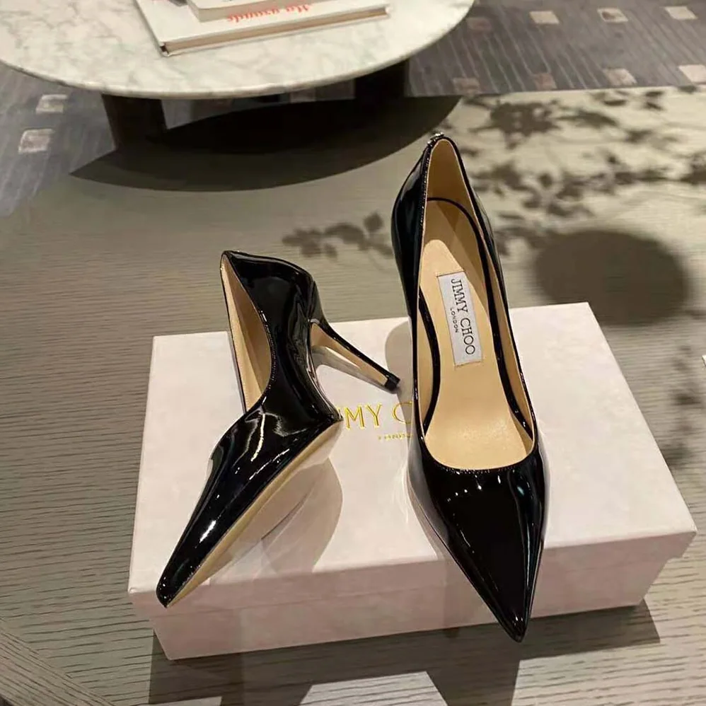 Jimmy Choo Love 100 Black Patent Leather Point-Toe Pumps with JC Emblem for Women Jimmy Choo Love 100 Black Patent Leather Point-Toe Pumps with JC Emblem for Women