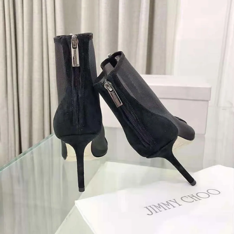 Jimmy Choo Bing Boot 100 Black Suede and Mesh Ankle Boots with Crystal Embellishment for Women