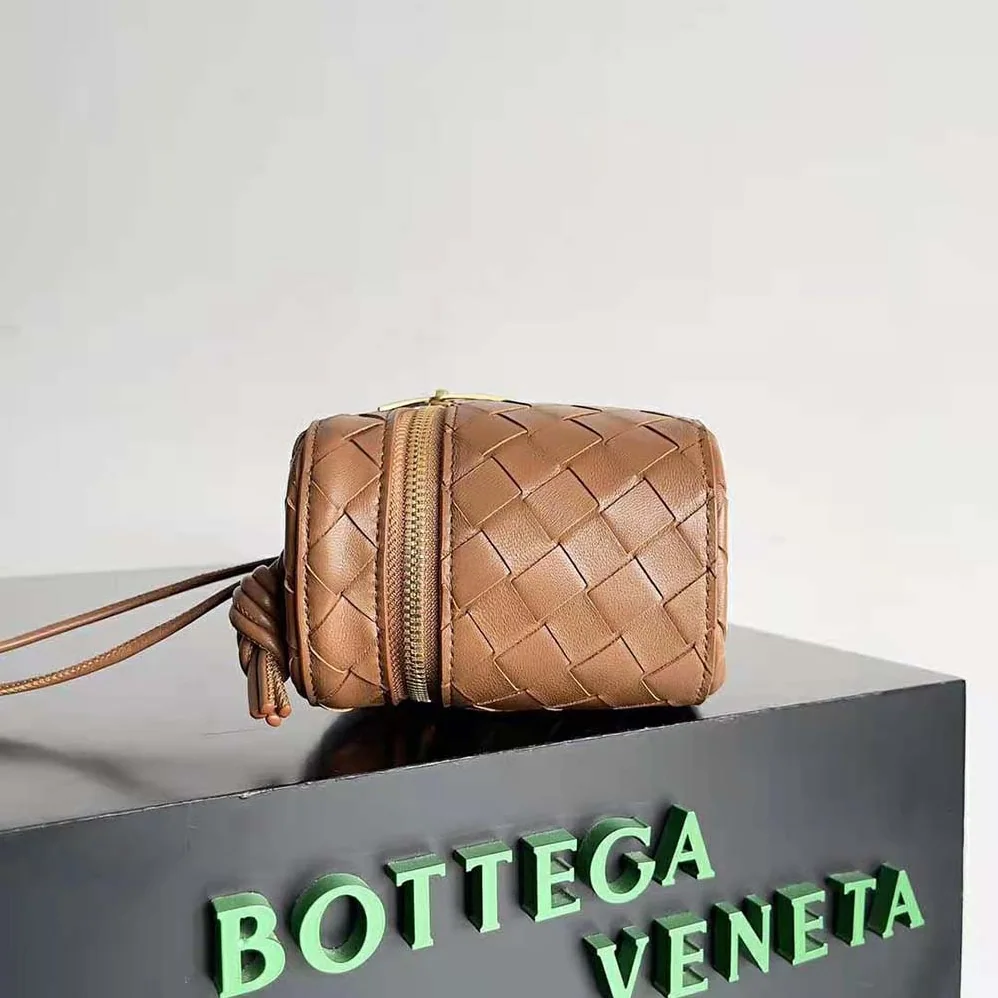 Bottega Veneta Mini Intrecciato Leather Vanity Case with Cross-Body Strap for Women in Brown