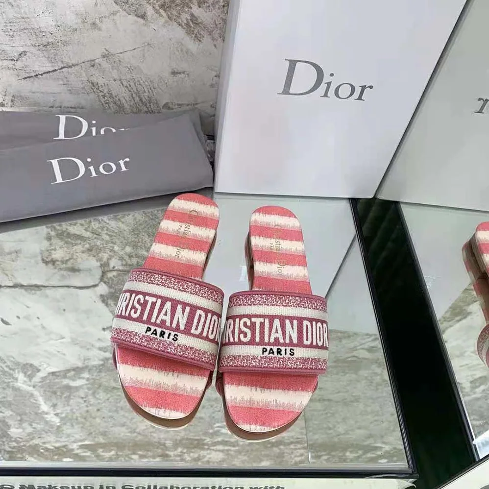 Dior Dway Slide Dark Nude D for Women in Stripes Embroidered Cotton Dior Dway Slide Dark Nude D for Women in Stripes Embroidered Cotton