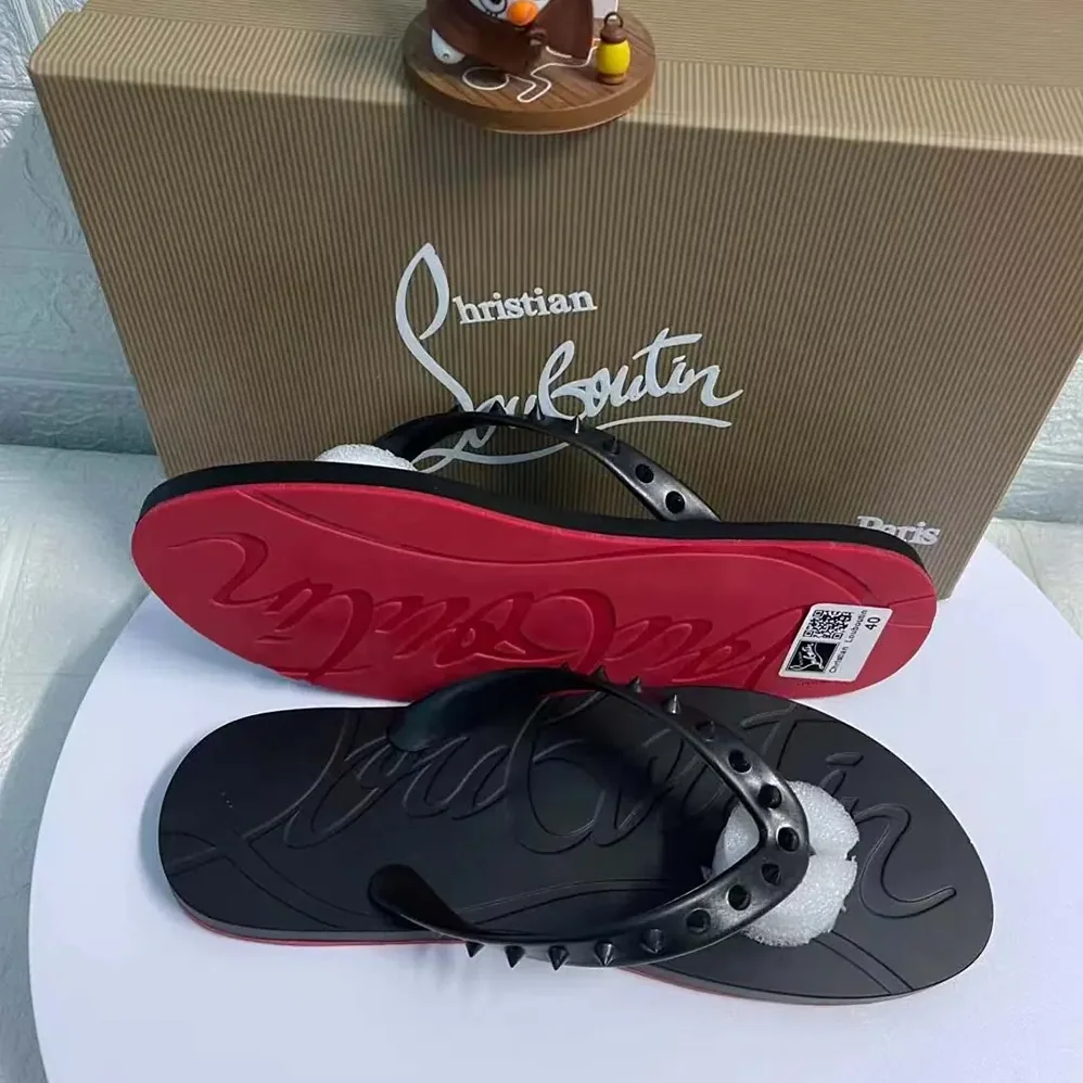 Christian Louboutin Loubi Donna Spike Red Sole Flip Flops for Men in Black Christian Louboutin Loubi Donna Spike Red Sole Flip Flops for Men in Black