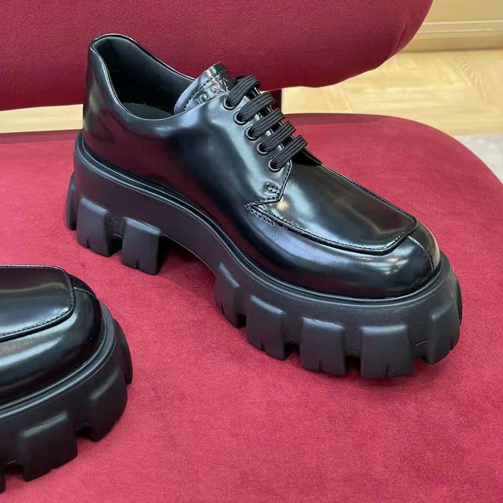 Prada Monolith Brushed Leather Lace-up Shoes for Women in Black