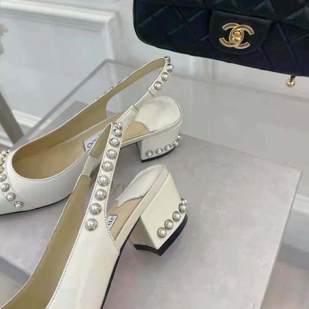 Jimmy Choo Hya 45 Latte Nappa Slingbacks with Pearl Studs for Women