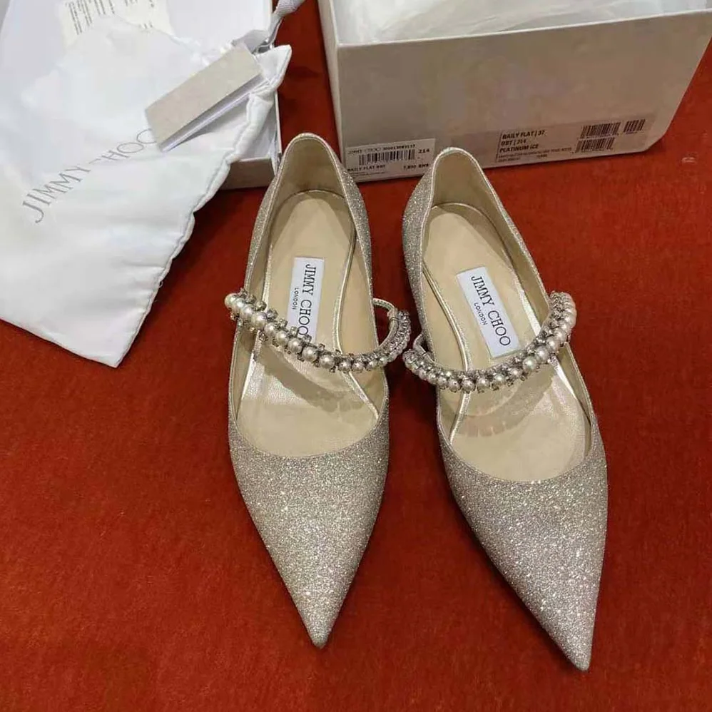 Jimmy Choo Baily Flat Platinum Ice Dusty Glitter Flats with Crystal and Pearl Strap for Women Jimmy Choo Baily Flat Platinum Ice Dusty Glitter Flats with Crystal and Pearl Strap for Women
