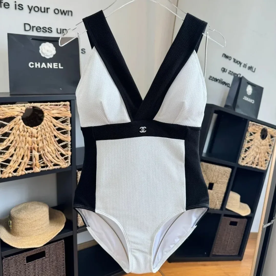 Chanel Color-Block Textured One in Piece Swimsuit Black/ White
