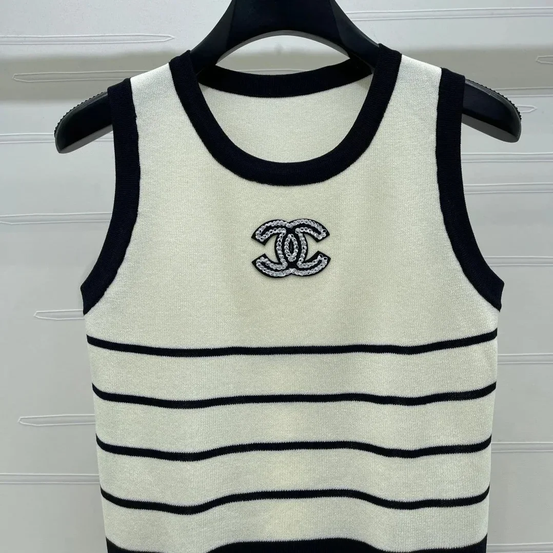 Chanel Striped Sleeveless Top Black in White