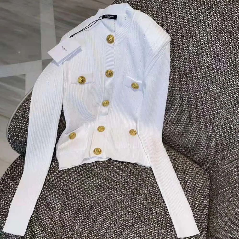 Balmain Knit Cardigan with Gold Buttons for Women in White