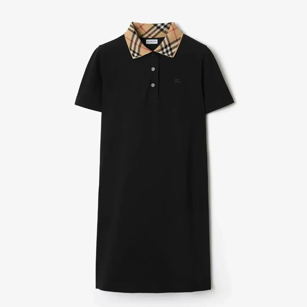 Burberry Check Collar Cotton Polo Shirt Dress for Women in Black
